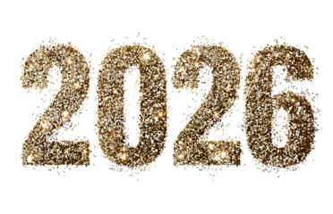 Gold Glitter Numbers 2026 isolated on a transparent background 