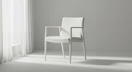 Fototapeta premium Minimalist white chair in soft light with sheer curtains 