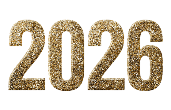 Gold Glitter Numbers 2026 isolated on a transparent background 