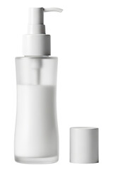 Frosted glass cosmetic pump bottle with white lotion on a transparent background
