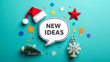 Santa hat on “NEW IDEAS” speech bubble with light bulb and festive icons, turquoise background.