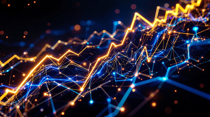 Data Trend Visualization: Dynamic abstract visualization of data trends, illuminated by interconnected lines and dots. Representing the evolving dynamics of markets, technologies.