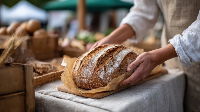 Artisan Bread at a Local Farmers Market Captured Up Close in Natural