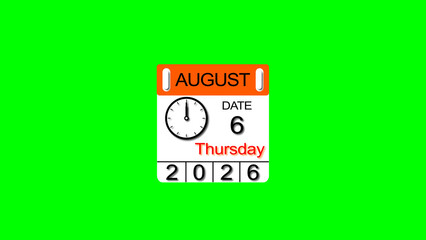 August month 6 date calendar illustration. 2026 calendar and creating a stunning illustration. 4k illustration.