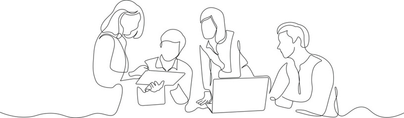 Business Team Brainstorming with Laptop. Continuous Line Illustration of Collaboration, Strategy Meetings, and Professional Discussions