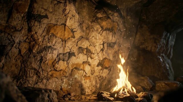 Prehistoric cave paintings illuminated by a campfire