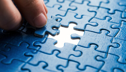 Hand Placing Final Blue Puzzle Piece