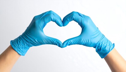 Obraz premium Hands in blue gloves form a heart shape, symbolising care, love, and protection