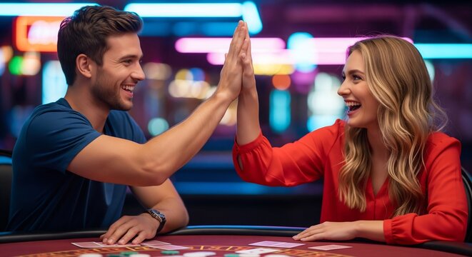 Happy couple celebrating a win with a high five at a vibrant casino card table.