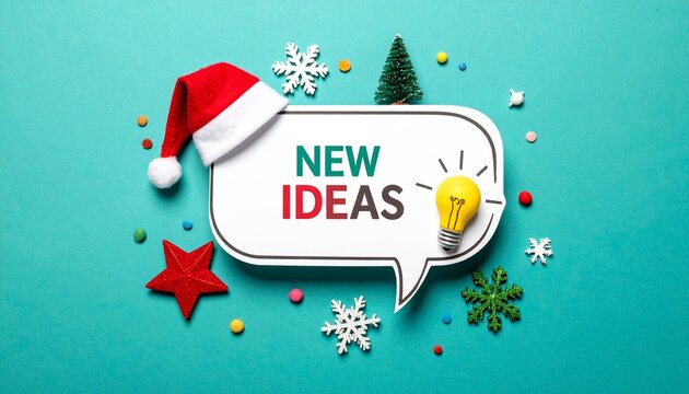 Santa hat on “NEW IDEAS” speech bubble with light bulb and festive icons, turquoise background.