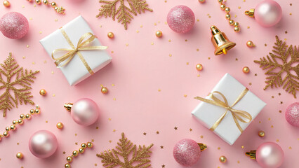 Holiday gifts wrapped in white paper with golden bows are arranged with pink ornaments and glittering decorations on a cheerful pink background.