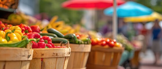 The colorful baskets of fresh bell peppers and vegetables at a farmers market