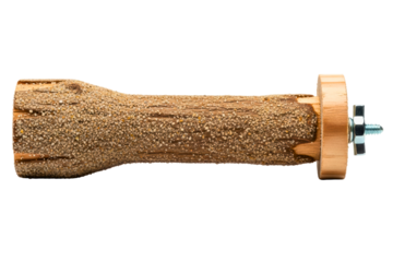 Natural wood bird perch with rough sand coating and metal bolt on a transparent background