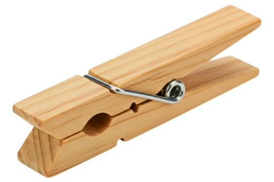 Wooden clothespin with a metal spring for hanging laundry on a transparent background