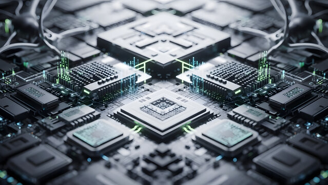 Abstract computer circuit board with glowing light and microchips for technology concept