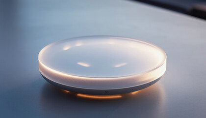 Minimal translucent home hub device with glowing light accent sits on surface, symbolizing connection and future innovation. This smart home technology provides sense of calm