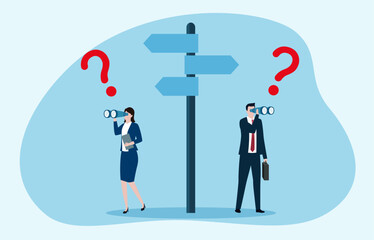 Two businesspeople use binoculars to assess multiple unlabeled directions on a signpost, symbolizing strategic observation amid decision-making uncertainty.