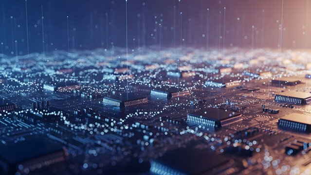 Abstract Digital Circuit Board with Glowing Connections and Microchips