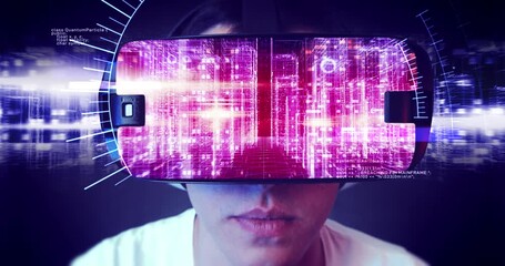 Futuristic wireframe city animation displayed inside virtual reality glasses. Technology Related 3D Concept. - Powered by Adobe