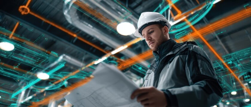 The engineer reviews blueprints in a futuristic industrial plant with digital pipeline overlays