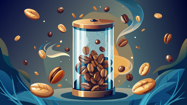 Instant coffee particles floating upward and morphing into glossy roasted beans inside a modern glass container. Ultra-clean lighting suitable for editorial visuals, packaging design