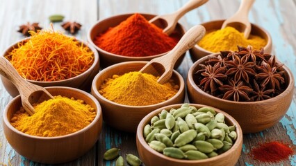 Fototapeta premium Colorful assortment of spices in wooden bowls with scoops