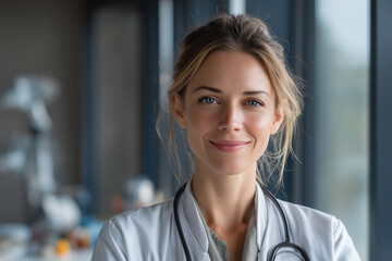 Smiling female doctor portrait in a modern clinic, wearing a stethoscope — confident healthcare professional offering compassionate medical care.