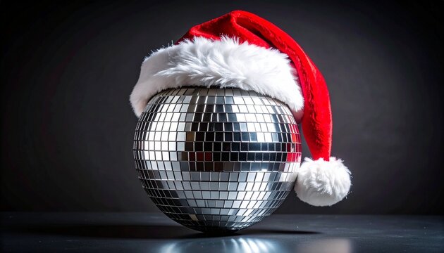 Santa hat on disco ball, dark background.