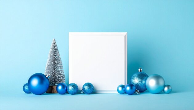 Santa hats on champagne flutes with ornaments and silver tree, blue background.