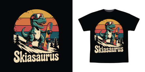 Funny Dinosaur Skiing T-Shirt Design – Retro Skiasaurus Cartoon Illustration
