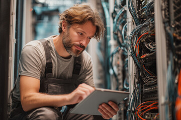 Focused IT technician using a tablet to diagnose, troubleshoot, and maintain server racks in a busy data center surrounded by network cables