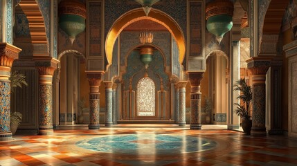 Fototapeta premium Interior of a luxurious moroccan palace with ornate archways.