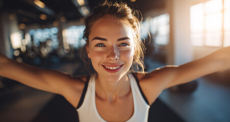 Young woman smiling in a gym with sunlight streaming through windows during a workout session