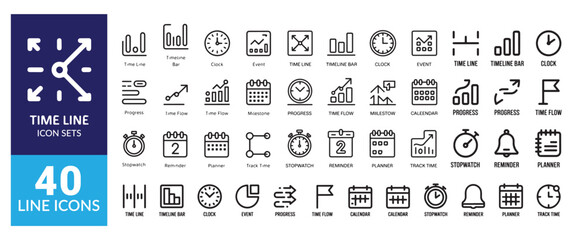 Time line icon sets linear style pictogram progress time flow milestone reminder planner track time stopwatch event
