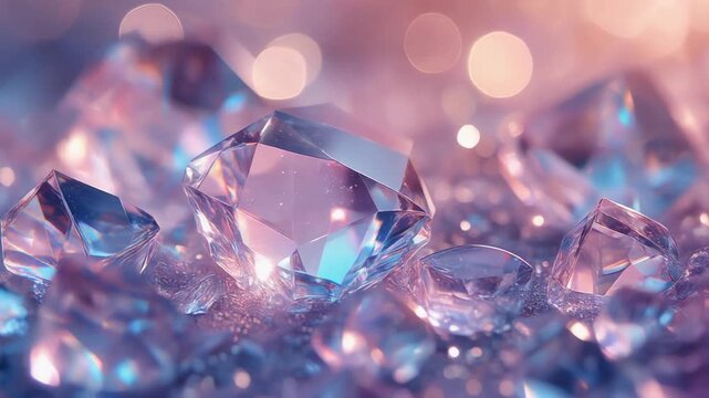 Close Up Sparkling Gems Displayed with Bokeh Lights and Soft Pink Hues