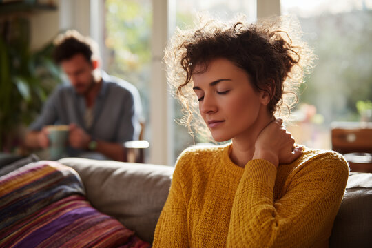 Young woman in a cozy yellow sweater rubbing her neck on a sunlit sofa at home, tired and pensive as partner sips coffee