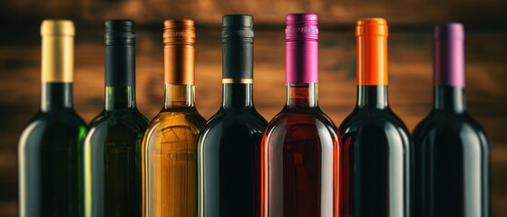 The wine bottles lined up in a rustic wooden bar with blurred background