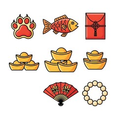 Set of Chinese New Year symbols: tiger paw, fish, red envelope, gold ingots, and fan.