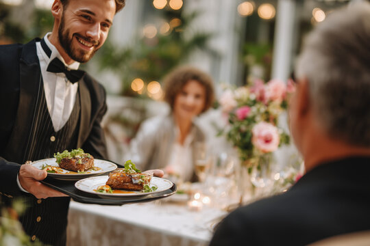 Smiling waiter in tuxedo serving gourmet plated steak at an elegant candlelit dinner with floral centerpiece — upscale restaurant fine dining experience