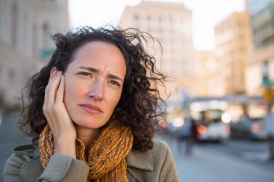 Close-up of a woman in the city holding her ear, showing pain and discomfort from earache or headache with windblown hair and worried expression