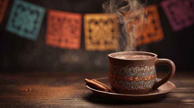 A steaming cup of rich, dark chocolate, exuding warmth and inviting comfort, accompanied by a single cookie