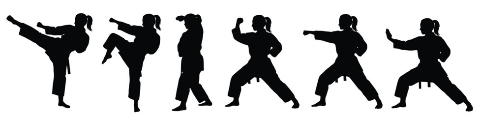Female Martial Arts Silhouette Set – Karate, Kickboxing, Fighting Poses