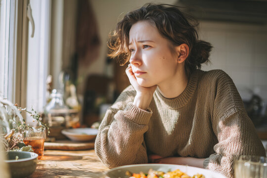 Pensive young woman in a cozy sweater gazing through a sunlit kitchen window during a quiet morning breakfast, thoughtful and introspective