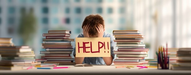 The overwhelmed student surrounded by stacks of books holding a help sign