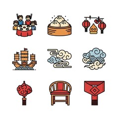 Set of colorful icons representing Chinese culture, traditions, and New Year celebrations.