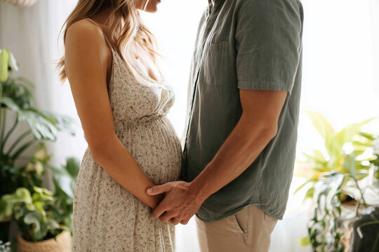 Tender moment between an expectant mother and her partner holding hands beside her baby bump in a sunlit, plant-filled home