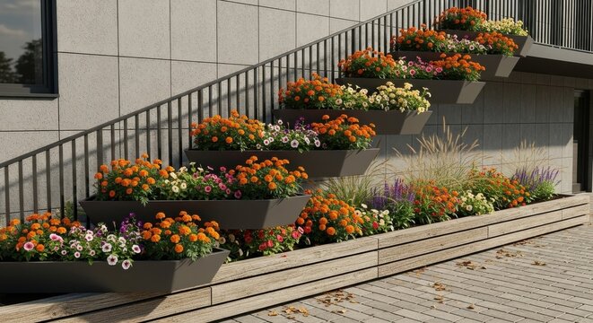 Modern Staircase with Cascading Flower Planters