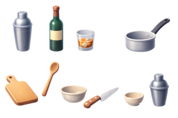 Collection of kitchen and bar tools on black background cooking cocktail