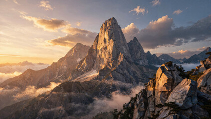 Obraz premium Majestuoso paisaje de fantasía con imponentes montañas, cálida luz del atardecer, nubes detalladas