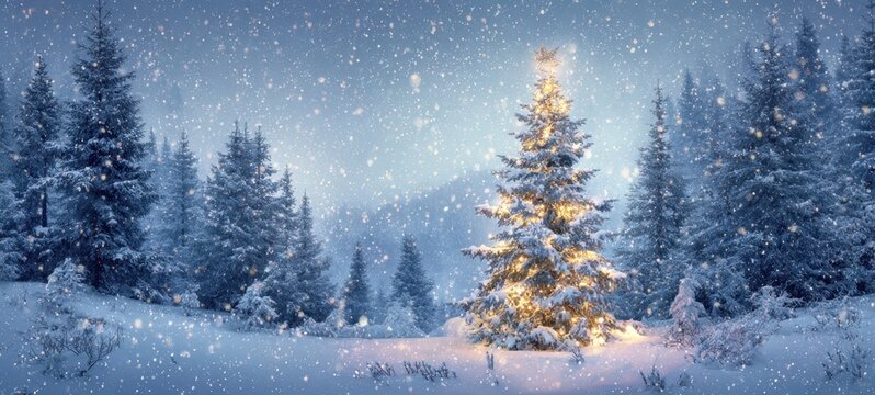 The Christmas tree glowing in a snowy forest at twilight with gentle falling snow